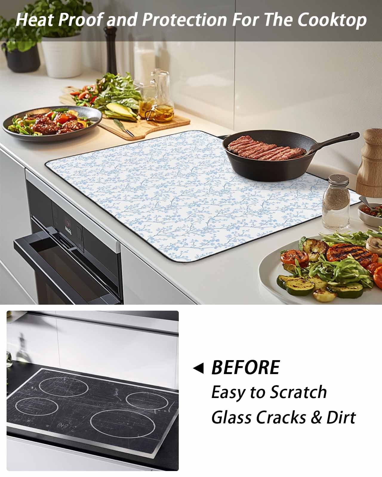 Stove Top Covers for Electric Stove, Blue Spring Floral Glass Stovetop Cover Protector, Summer Botanical Watercolor Induction Cooktop Protector Oven Mat for Kitchen Countertop 24"x21"