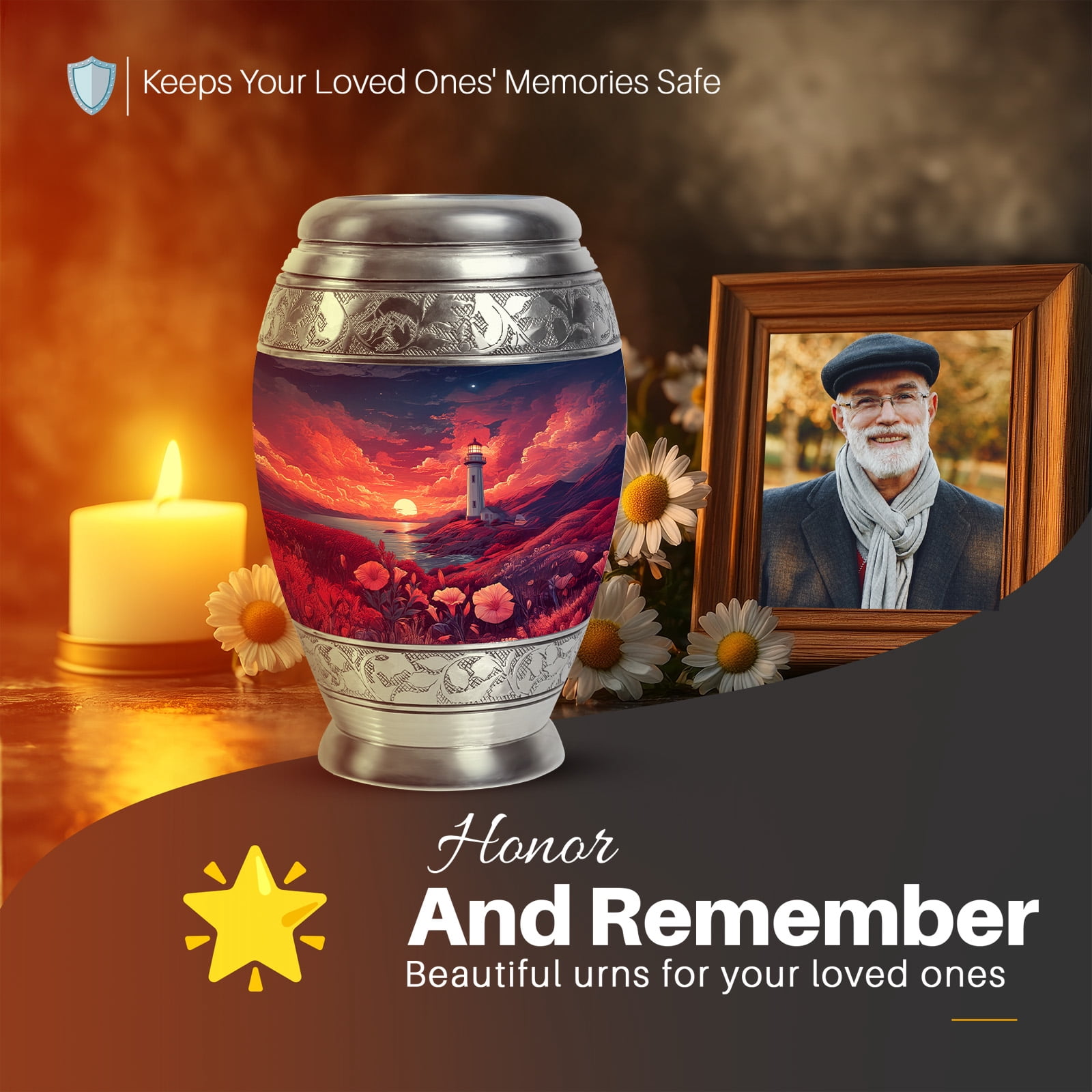 Yatskia Sunset Lighthouse Small Cremation Urns for Human Ashes Adult Men and Women, Large Memorial Urn for Ashes Adult, (Monar 10 Inch and 3 Inch)