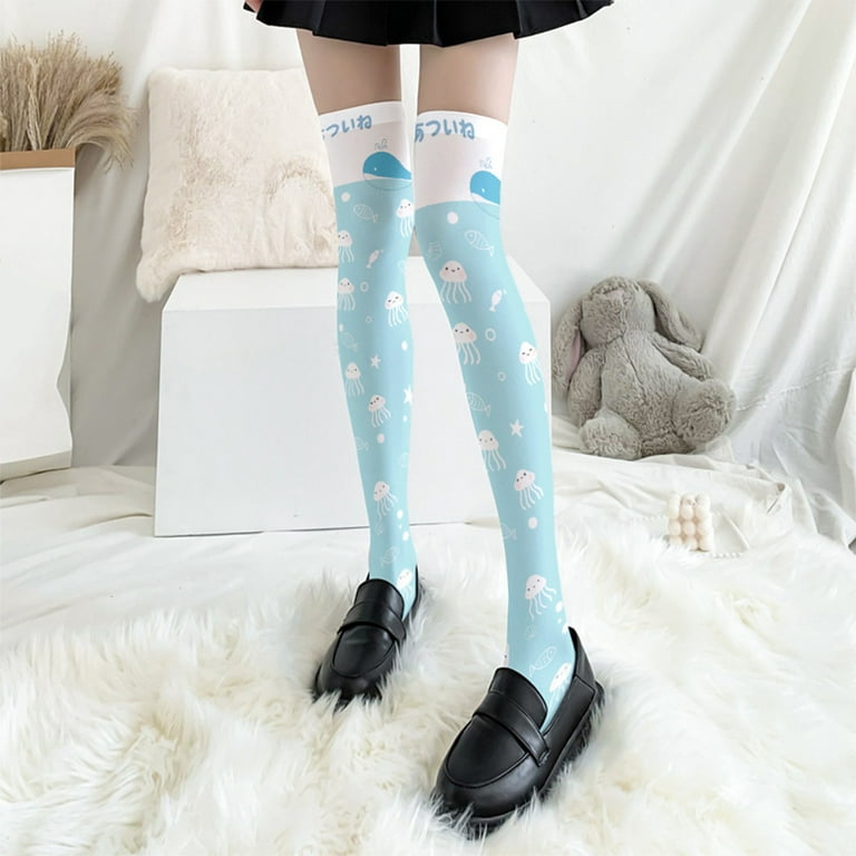 SIEYIO Japanese Style Women Lolita Kawaii Thigh High Stockings Harajuku Cute  Cartoon Rabbit Jellyfish Print Over Knee Long Socks Hosiery 