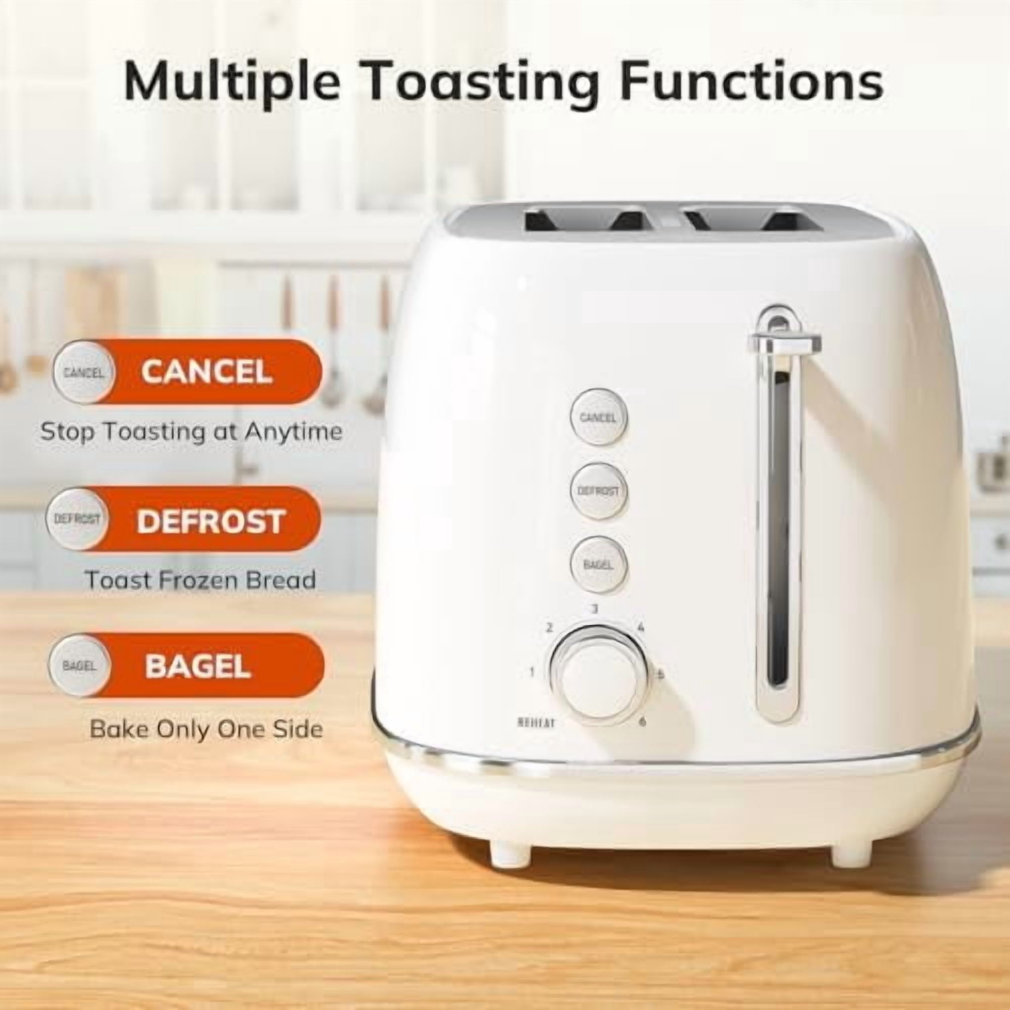 Toaster 2 Slice, Retro Wide Slot Stainless Steel Toaster with 6 Browning Levels, Reheat & Defrost, for Bagel, Toast, Bread, Kitchen Essentials, Removable Crumb Tray, White
