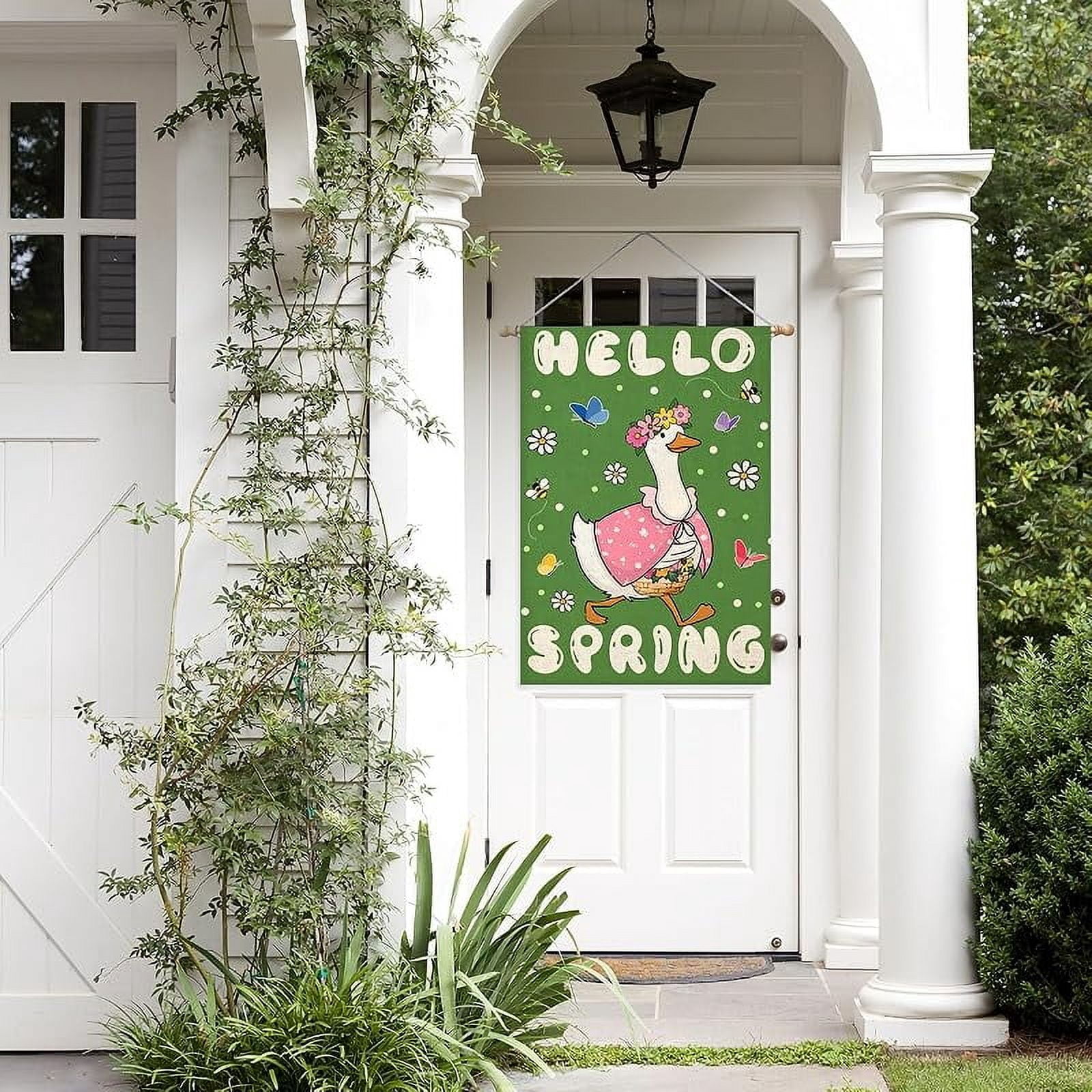 Hello Spring House Flags for Outdoor Decoration, Funny Goose with Flowers Large Yard Flag,Seasonal Decorative Decor for Holiday Summer Outside 28x40 Inch Vertical Double Sided