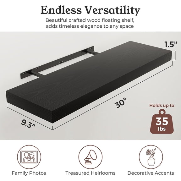 Floating Shelves for Wall, 9.3" Deep Wall Mounted Wood Shelves for Bathroom, Bedroom, Living Room, Kitchen, Hanging Shelf for Books/Storage/Room Decor (Black, 30")