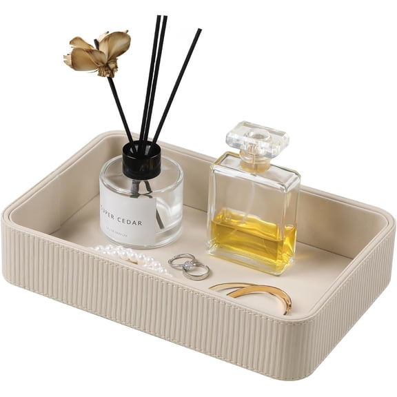 MORAVE PU Leather Valet Tray in Beige, Decorative Vanity Catchall Organizer for Bedside Desktop, Holding Perfume Key Watch Wallet Trinkets