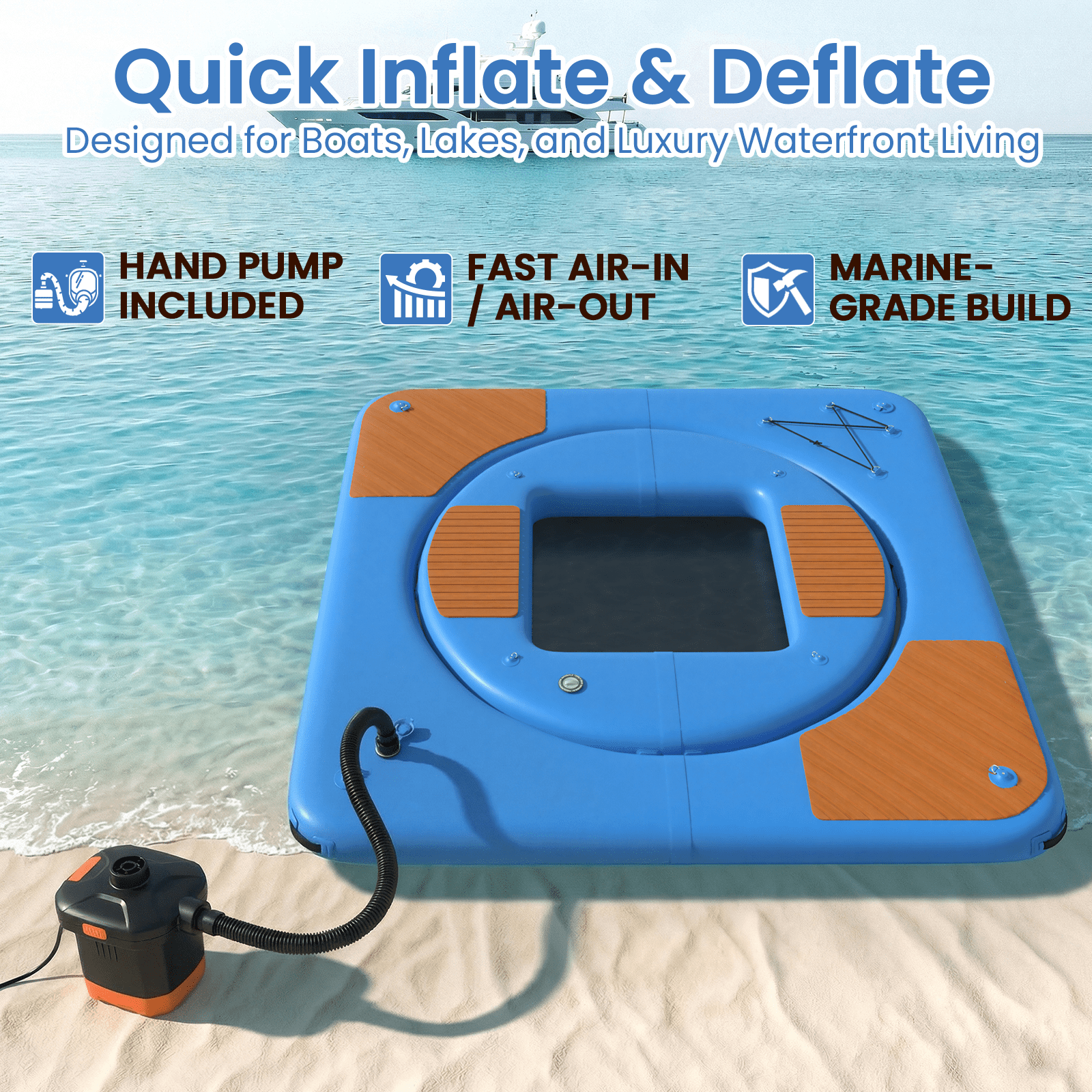 Bezliving 2 in 1 Inflatable Floating Dock Platform, Square EVA Traction Deck with Mesh Swim Net and Inner Floating Island, 6 in Thick, D Rings, Boat Swim Platform for Lake and Pool