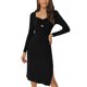 thumbnail image 1 of Vestido midi de punto ajustado con cuello corazón, mangas largas, fruncido, cordón y abertura lateral para mujer, talla XL, negro, 1 of 6