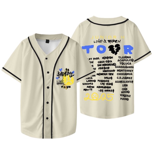 Junior H Sad Boyz Live And Broken Tour Chaqueta de béisbol Camiseta Mujeres Hombres Camisetas de manga corta con cuello en V,Style 3,XXXXL