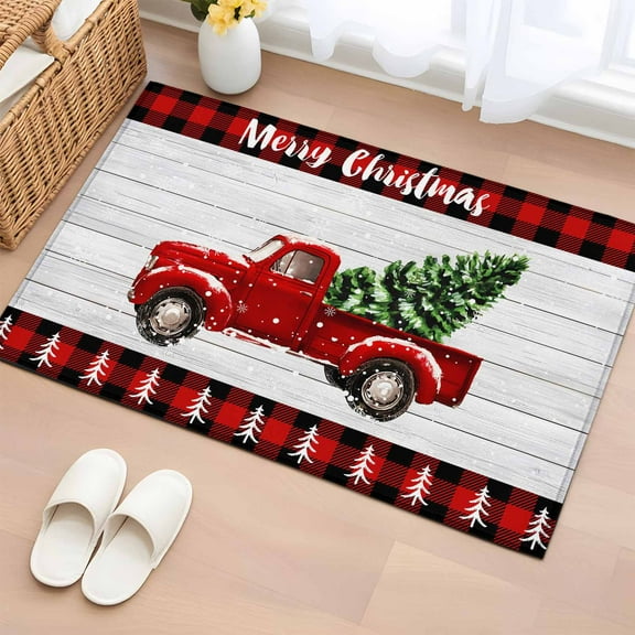 Red Truck Christmas Bathroom Rug Washable 2x3 Entryway Rug Non Slip Red Black Plaid Xmas Tree Retro Front Door Mat Low Pile Indoor Doormat Throw Floor Carpet for Kitchen Bedroom Entrance