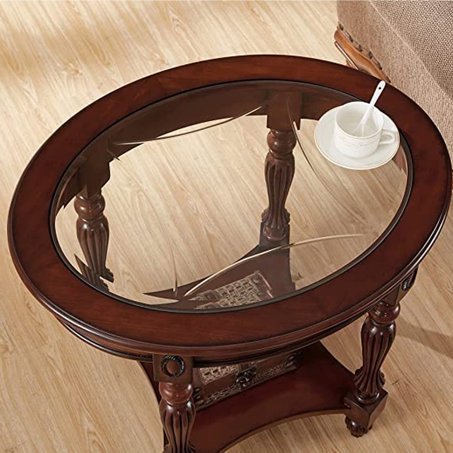 Vintage Solid Wood Side Table with Glass Top Storage Shelf,Oval,Living Room Table,Dark Brown