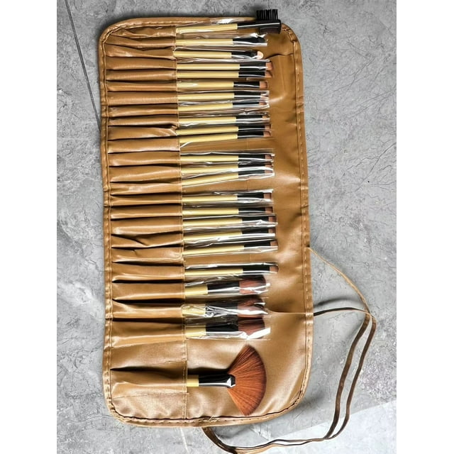 Nvzi Juego de 24 brochas de maquillaje, para base, polvos, correctores, sombras de ojos, rubor, color madera, con bolsa de almacenamiento negra
