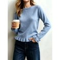 thumbnail image 6 of Women'S Solid Crew Neck Ruffle Hem Long Sleeve Knit Sweater Blue S, 6 of 8
