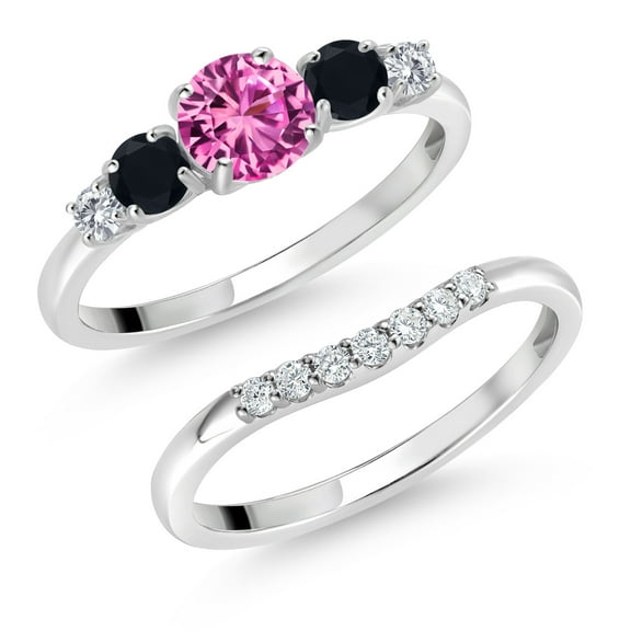 Gem Stone King 10K White Gold Pink Created Sapphire Black Onyx and White Lab Grown Diamond 5 Stone Bridal Engagement Wedding Ring Set for Women (0.86 Cttw, Round: 5MM and 3MM, Size 6)