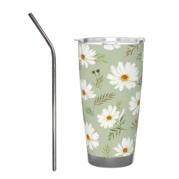 20oz Sage Green Daisy Floral Watercolor Botanical Insulated Tumbler with Handle and Straw Travel Cup Car Cup with Stainless Steel Straw