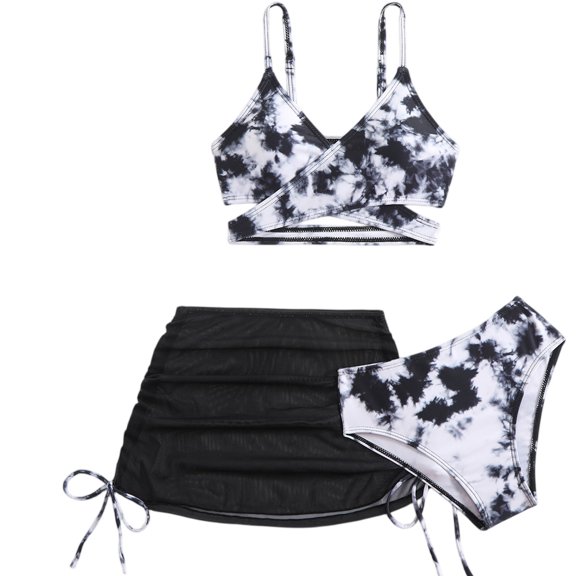CCRFTGI Girls Swimsuit 3 Piece Summer Cute Bathing Suit Allover Printed Criss Cross Bikini Set with Cover Up Skirt Beach Swimwear 2-12 Years Black 9-10 Years