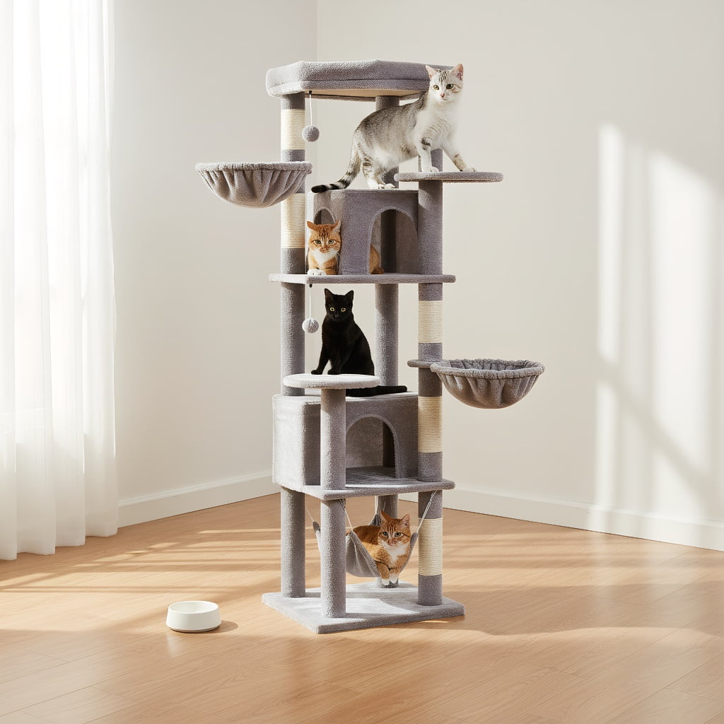 Pefilos 70" Tall Cat Tree Tower with Hammock, 5 Scratching Posts, 2 Condos and a Large Top Perches for Large Cats, Gray