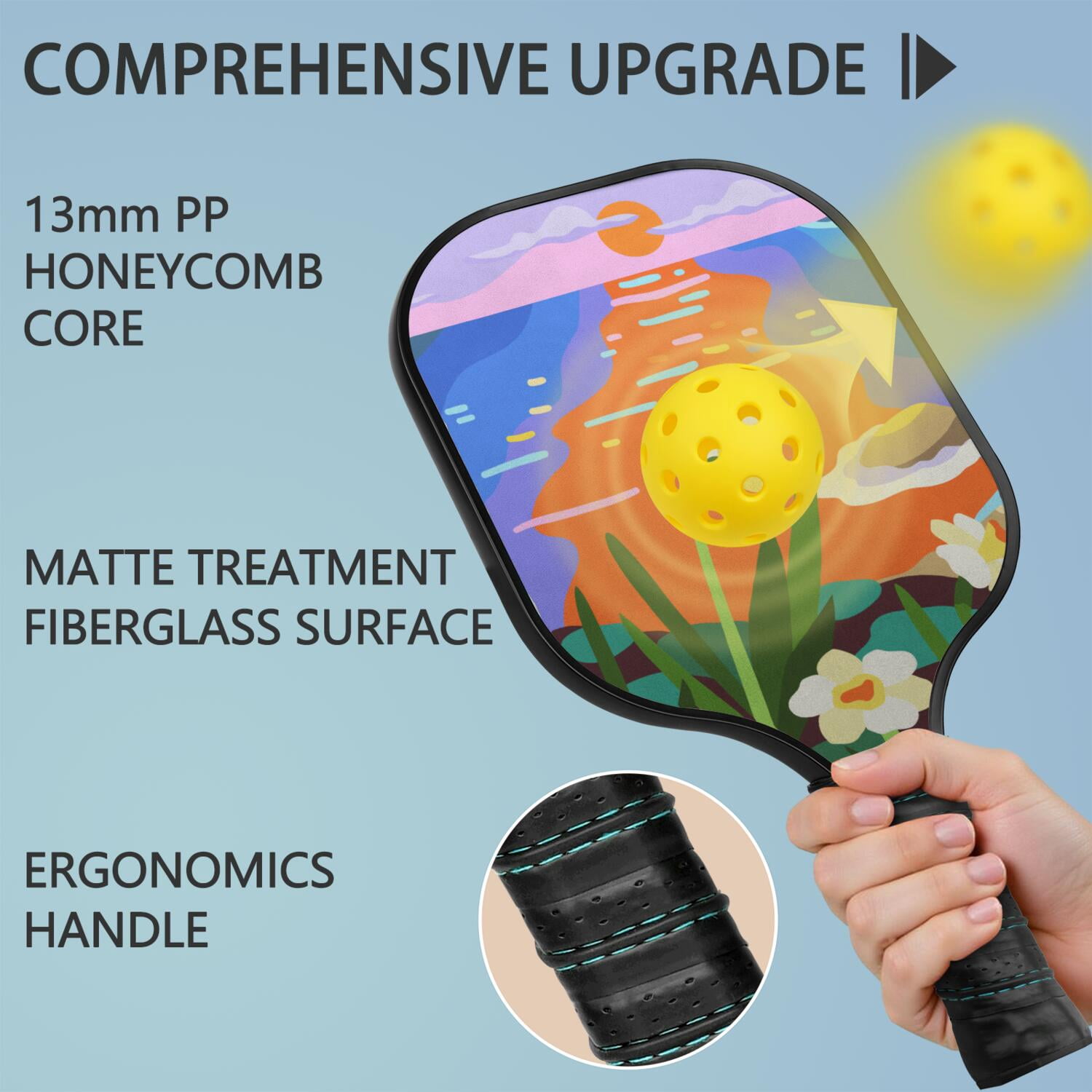 Pickleball Paddles Set Of 1, Fiberglass Surface, Vintage Floral Print, 1 Paddle, 2 Balls & Bag