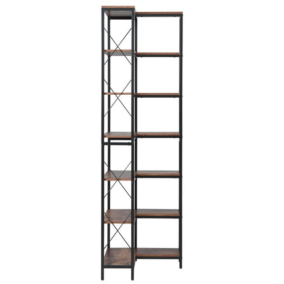 KFFKFF 7-Tier Corner Bookshelf, 79" Tall Bookcase with Sturdy Metal Frame & Wooden Shelves, Industrial Reversible L-Shaped Display Shelf for Bedroom, Living Room, Office