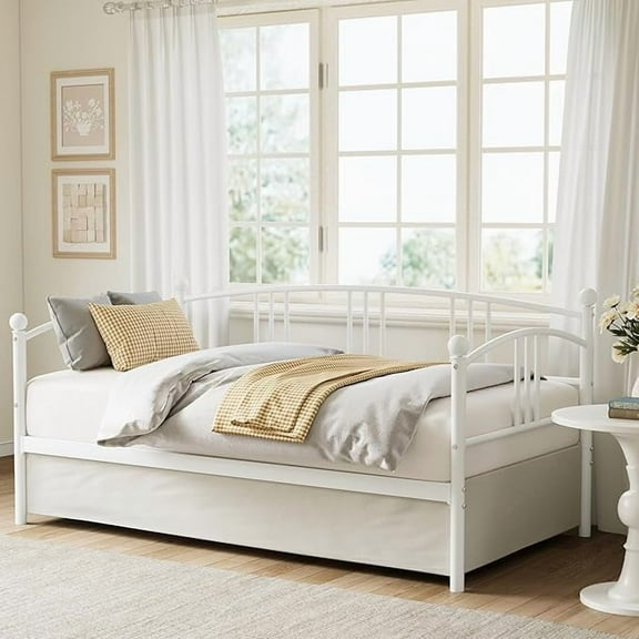 Twin Daybed Without Trundle, Metal Twin Size Daybed with Underbed Storage Space, Steel Slat Support Sofa Bed for Living Room, Bedroom, Guest Room, White