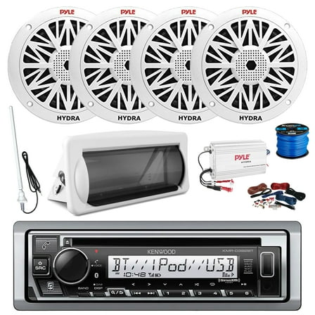 Kenwood KMR-D382BT Single DIN Marine USB Bluetooth CD Player Receiver, Radio Cover, 4-Channel Amplifier w/Wiring Install Kit, 4x 6.5'' 200W 2-Way Full Range Outdoor Speakers, Wire, Long Range Antenna
