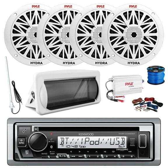 Kenwood KMR-D382BT Single DIN Marine USB Bluetooth CD Player Receiver, Radio Cover, 4-Channel Amplifier w/Wiring Install Kit, 4x 6.5'' 200W 2-Way Full Range Outdoor Speakers, Wire, Long Range Antenna