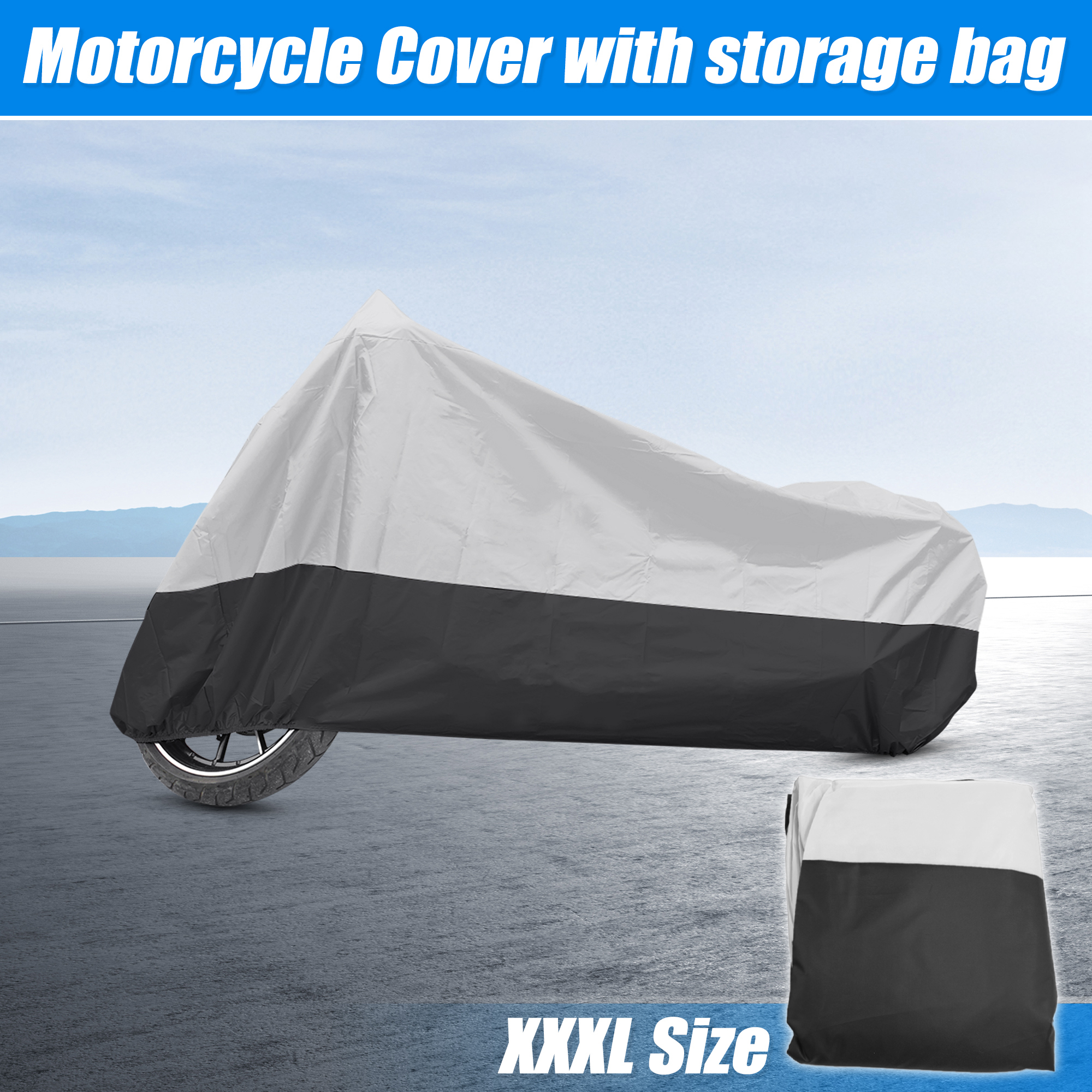 Unique Bargains 180T Motorcycle Cover Scooter Rain Dust UV Protector Silver Black XXXL