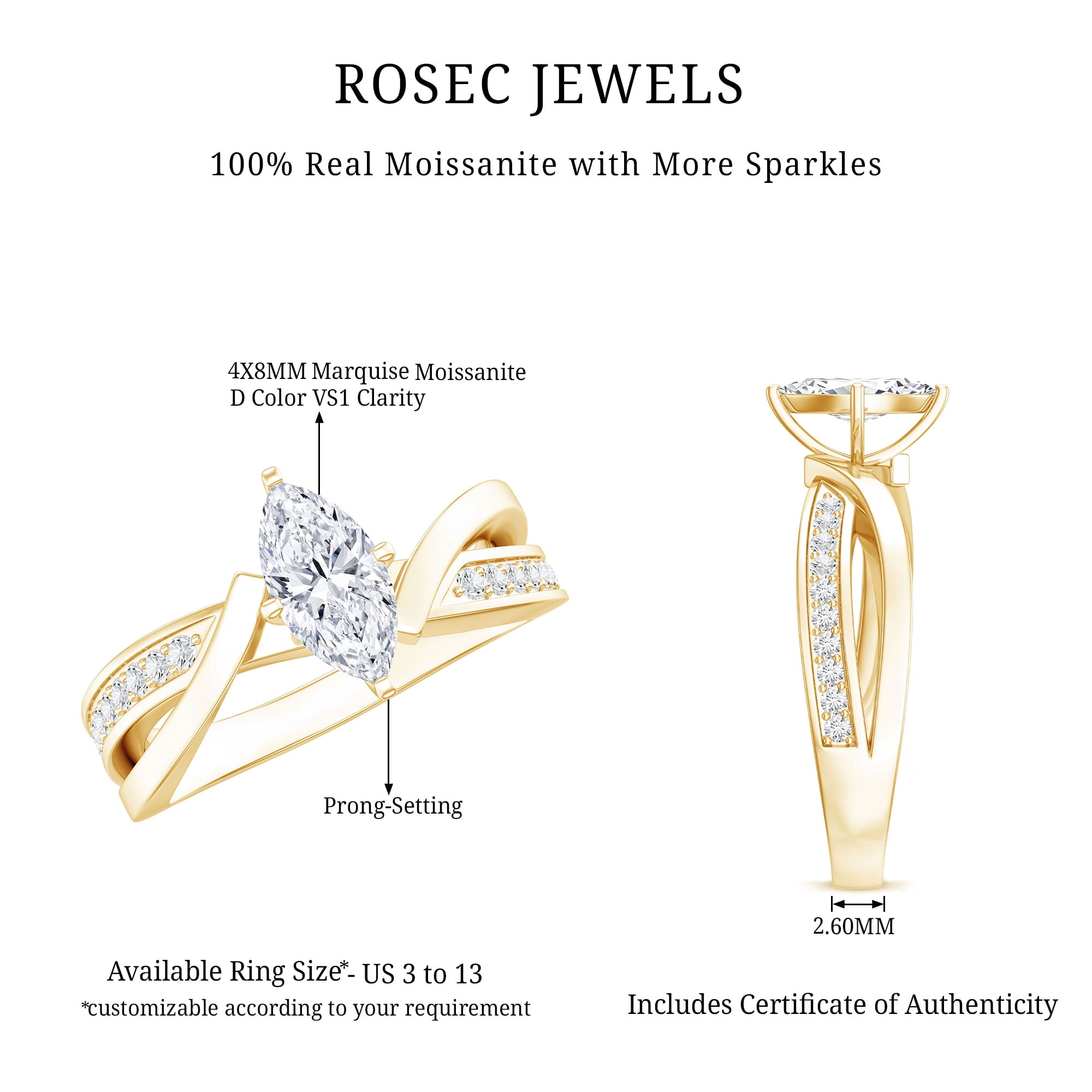 Rosec Jewels Marquise Cut Moissanite Infinity Engagement Ring for Women (1 Carat, 4X8mm, D-VS1 Quality Certified) - with Jewelry Box, 14K Yellow Gold, US 6.00