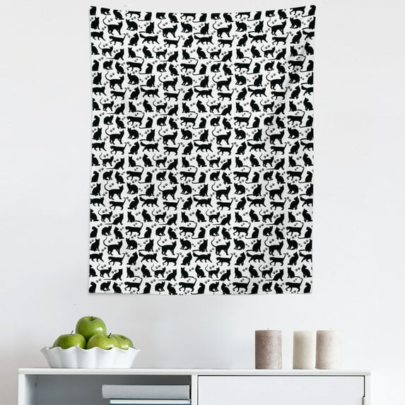 Cat Tapestry, Black Silhouettes in Different Positions Friendly Furry Feline Domestic Pet, Fabric Wall Hanging Decor for Bedroom Living Room Dorm, 5 Sizes, Black White, by Ambesonne