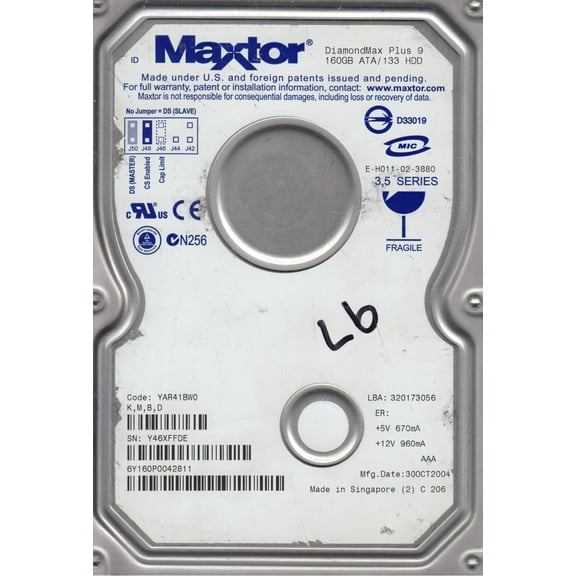 6Y160P0, Code YAR41BW0, KMBD, Maxtor 160GB IDE 3.5 Hard Drive