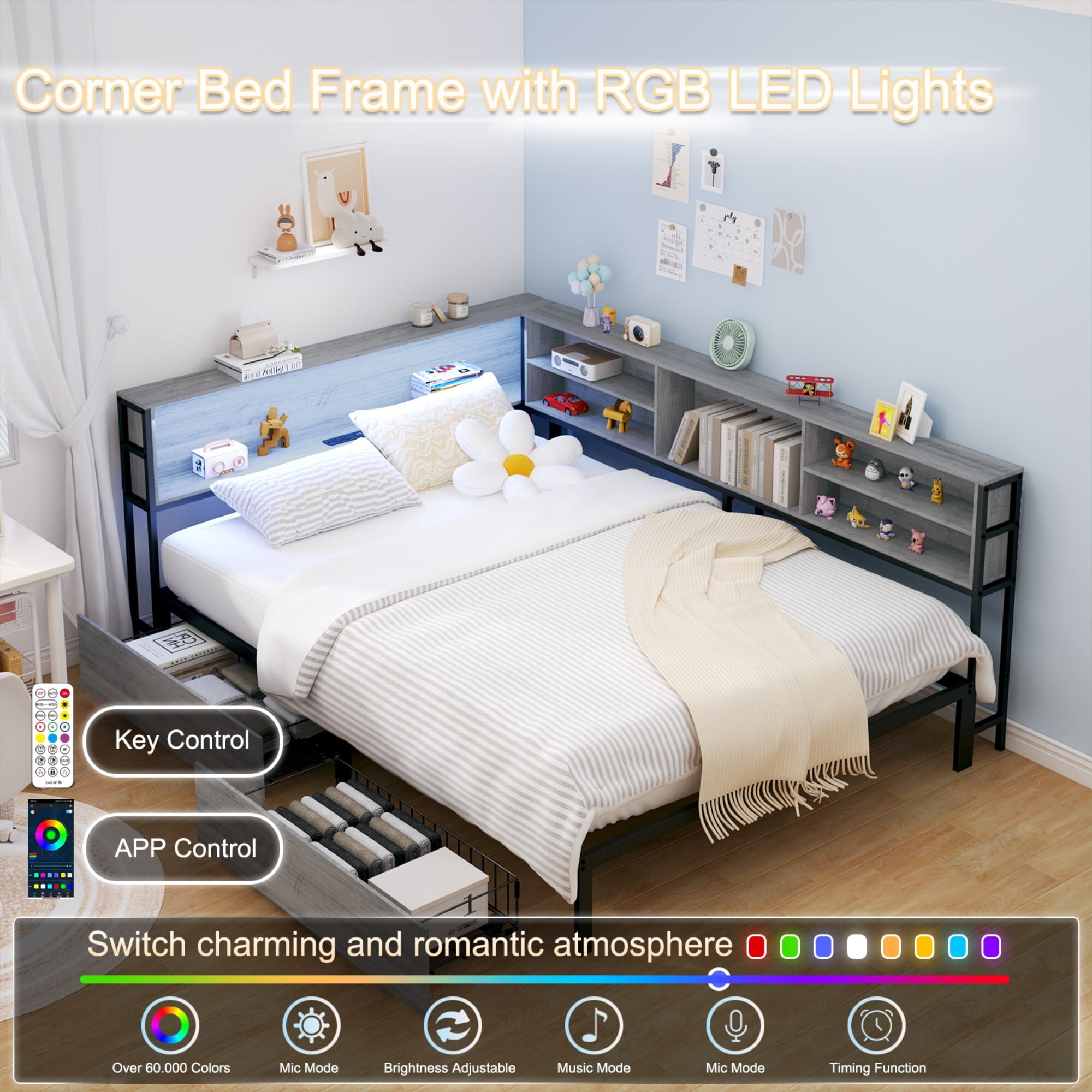 AENKYO Full Size Corner Daybed Frame with 2 Drawers, Bookcase Headboard, Charging Station, and Smart LED Lights, Gray
