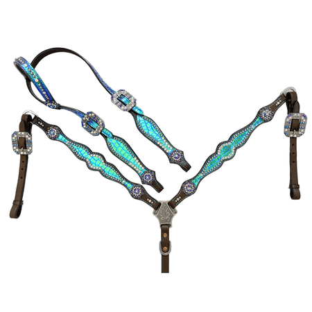Genuine Argentina Cow Leather Western One Ear Headstall and Breast Collar Set for Horse Turquoise Croc Embossed Inlay with Crystal Rhinestone Details