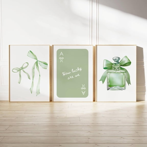Luvia Sage Green Bows Set Of 3 Coquette Prints Trendy Green Dorm Prints College Apartment Decor Girly Print, Modern Wall Decor Set 3 Prints 8x12 UNFRAMED