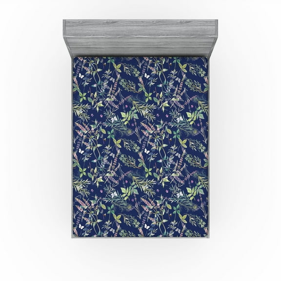 Ambesonne Vintage Fitted Sheet, Mint Leaves Flowers Plot, California King, Peacock Green Navy Blue
