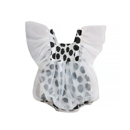

Biekopu Baby Girls Spring Summer Fall Romper Causal Cute Dots/Floral Print Mesh Short Sleeve Bubble Romper 0-18M