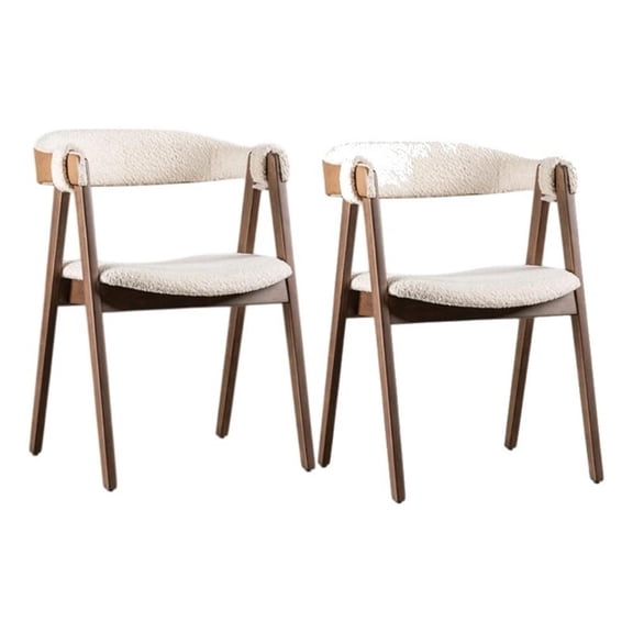 Ebik Side Dining Chair Set of 2-Curve Panel Back-Walnut Brown Wood-Beige Boucle