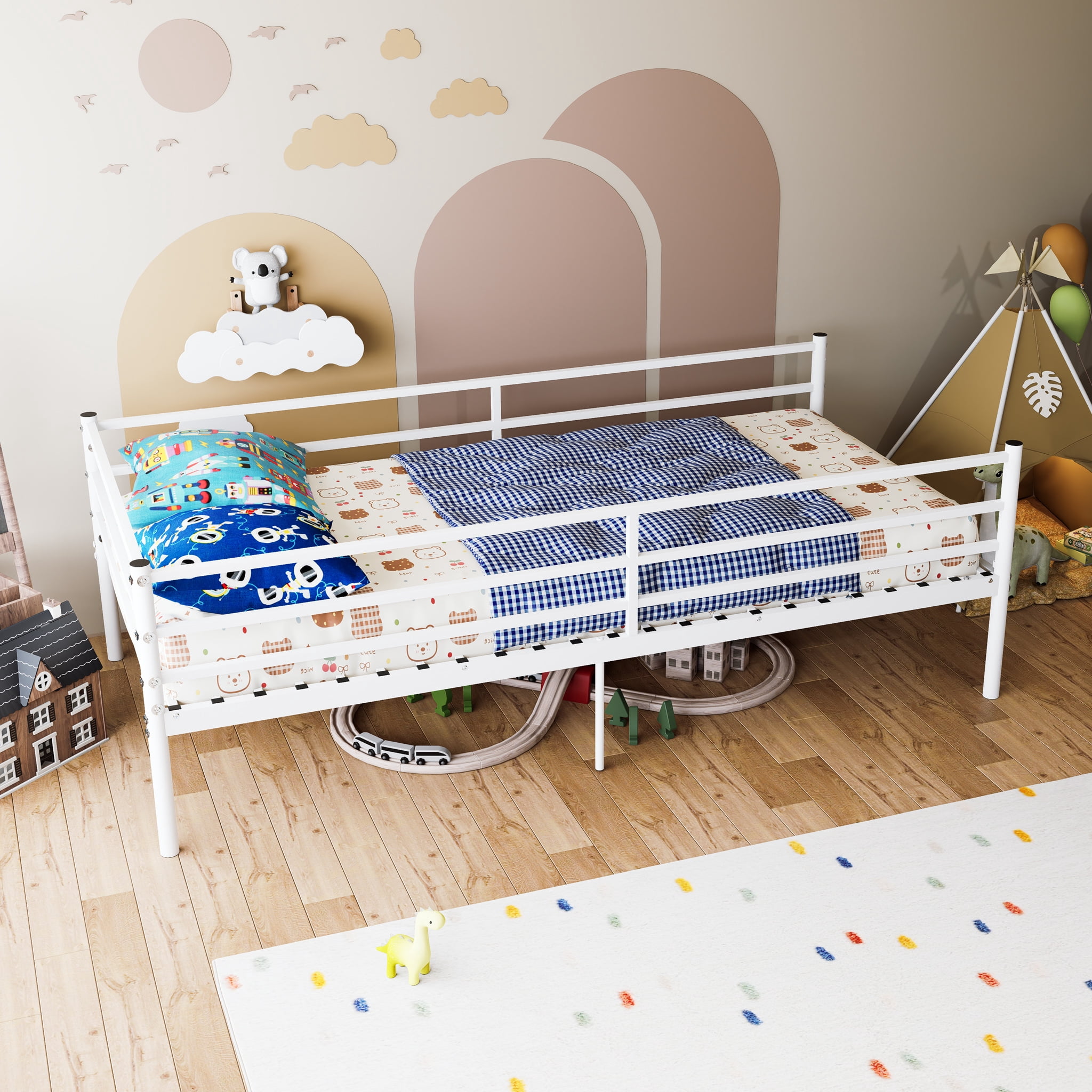 Leumius Twin Size Metal Platform Twin Bed,Heavy Duty Metal Platform,Sturdy and Durable,No Spring Mattress Required,White02