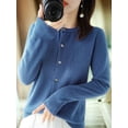 thumbnail image 5 of Women Solid Color Round Neck Long Sleeve Sweater Spring and Autumn All-Match Knitted Cardigan Jacket Haze Blue XL, 5 of 8