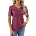 thumbnail image 3 of SHIBEVER Women Summer Tops Trendy Crew Neck Casual Short Sleeve Blouse Fit Solid Color Tee Pleated Ladies Blouses Red Tshirt Size M, 3 of 6