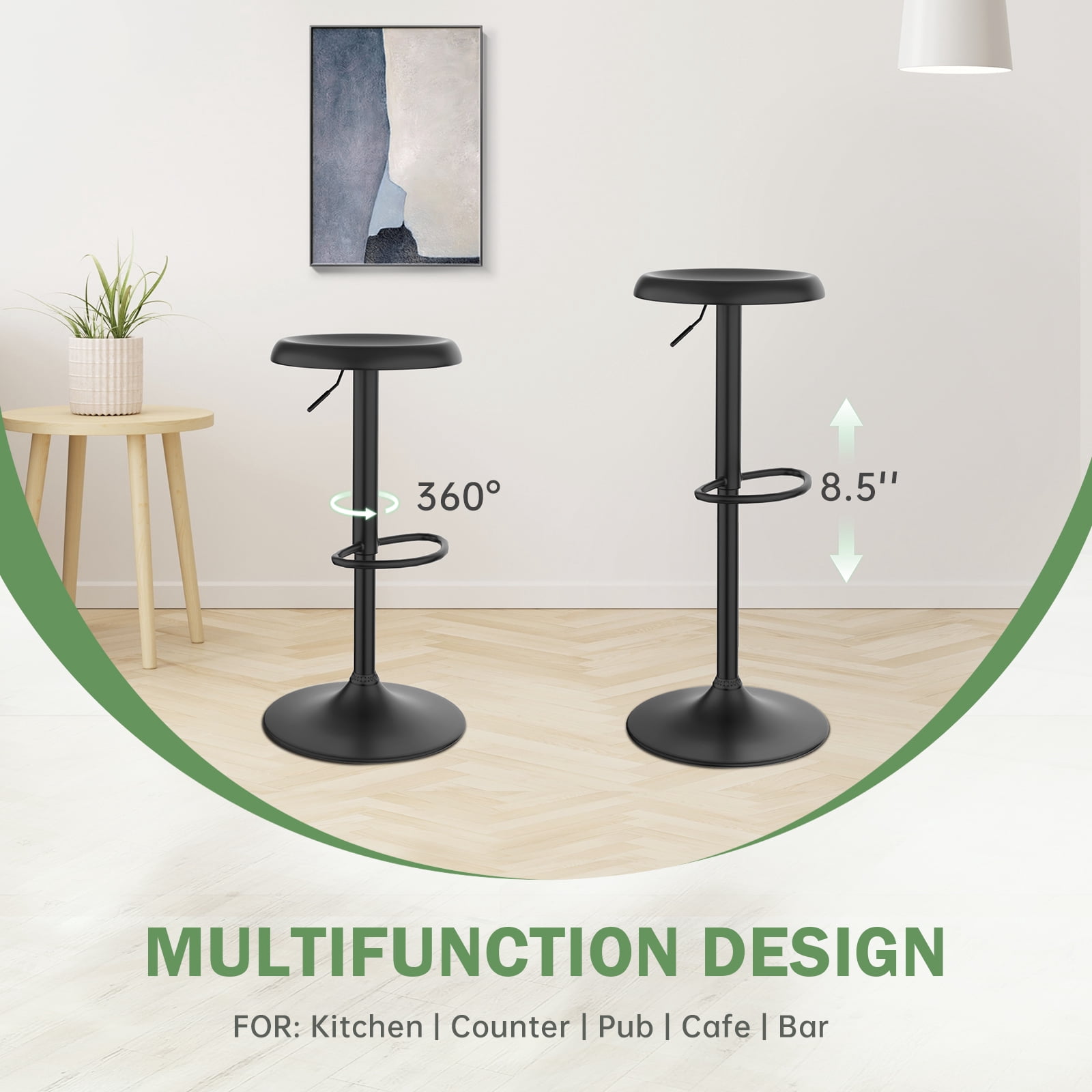 Metal Bar Stools, Counter Height Adjustable Barstools, Backless 360° Swivel Kitchen Stools for Island, Dining, Bistro, Pub (Black)