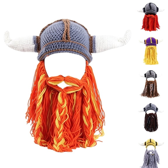 Helii Knit Hat with Horns and Detachable Beard Viking Style Beanie Hat Handmade Crochet Cap Funny Novelty Winter Hat for Role Play Party Dress Up Stretchy Soft Beanie Hat for Adults