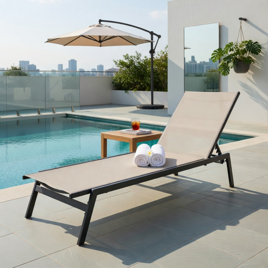 Hommoo 6-Position Adjustable Outdoor Chaise Lounge Chair, Rustproof Steel Frame, Quick-Drying Fabric, Brown