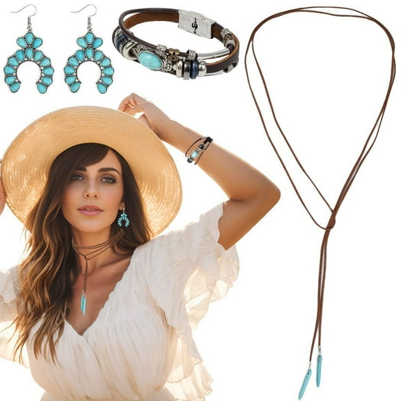 3PCS Turquoise Jewelry Set, Women Choker Necklace Large Retro Earrings, Ladies Multi-layer Faux Leather Bracelet, Fashion Western Bohemian Jewelry Set