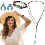 PEAOY 3PCS Turquoise Jewelry Set, Women Choker Necklace Large Retro Earrings, Ladies Multi-layer Faux Leather Bracelet, Fashion Western Bohemian Jewelry Set