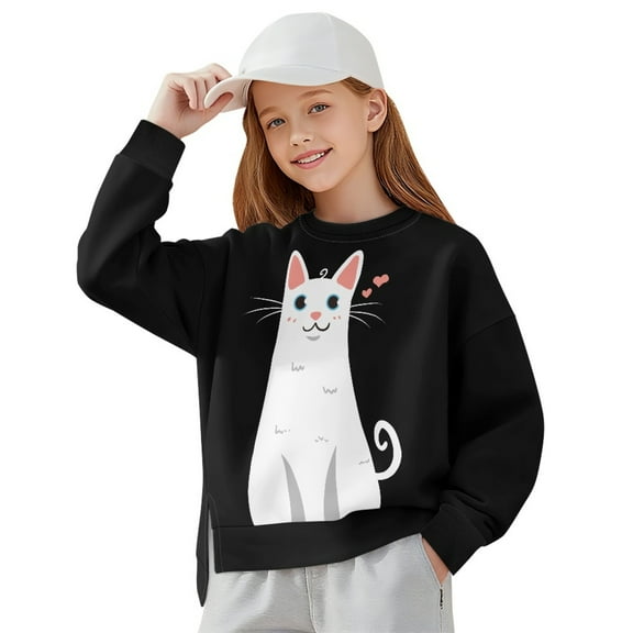 Xoenoiee Cat Heart Print Oversized Sweatshirt for Girls Comfy Casual Athletic Wear Soft Long Sleeve Pullover Round Neck Fall Winter Top, 7-8 Years