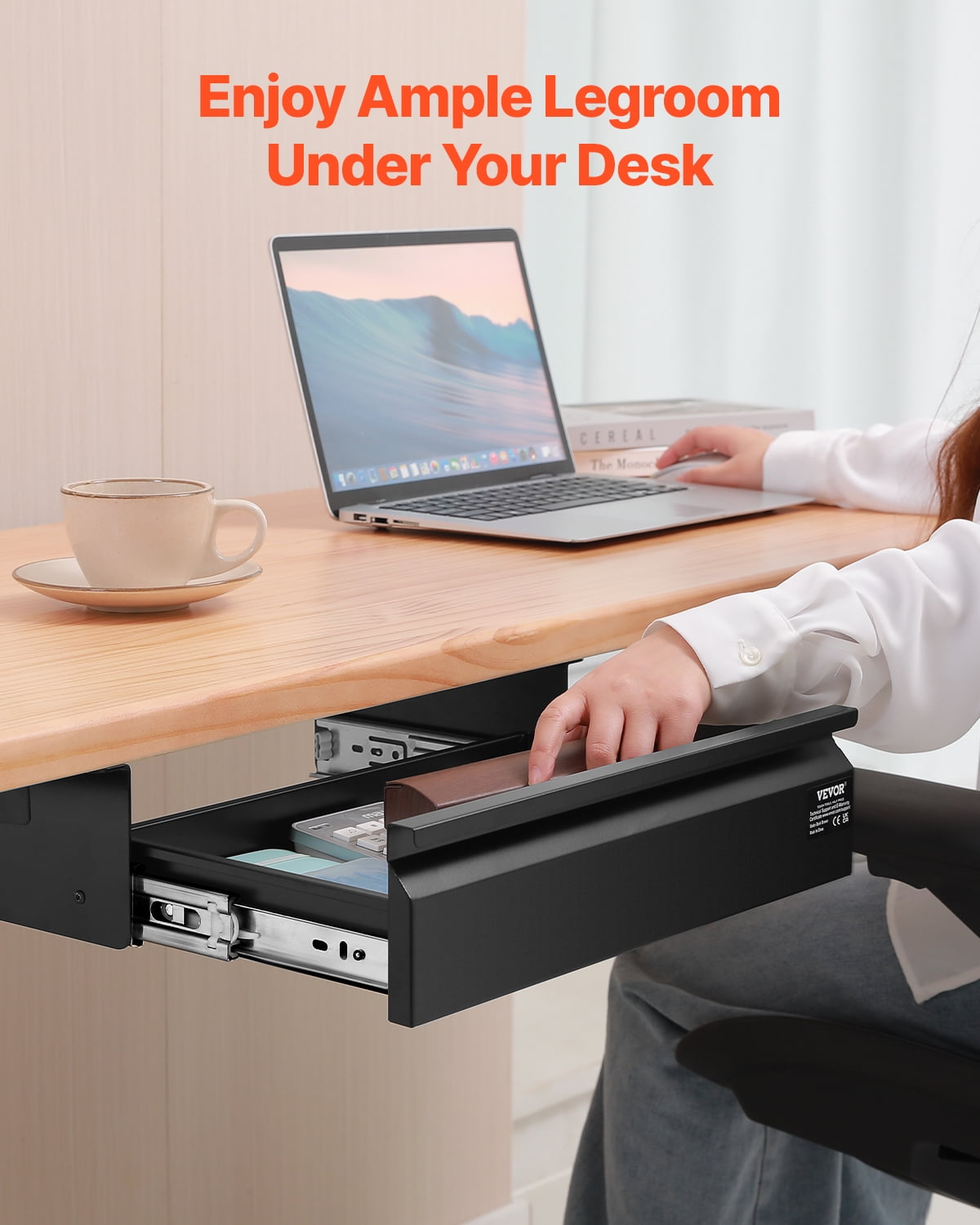 VEVOR 16" Wide Under Desk Drawer Slide Out, Under Desk Mount Pull Out Drawer Attachment, Hidden Desk top Storage Organizer, Under Table Pencil Drawer for Office Home Sit Stand Workstation, 17x9x4 In