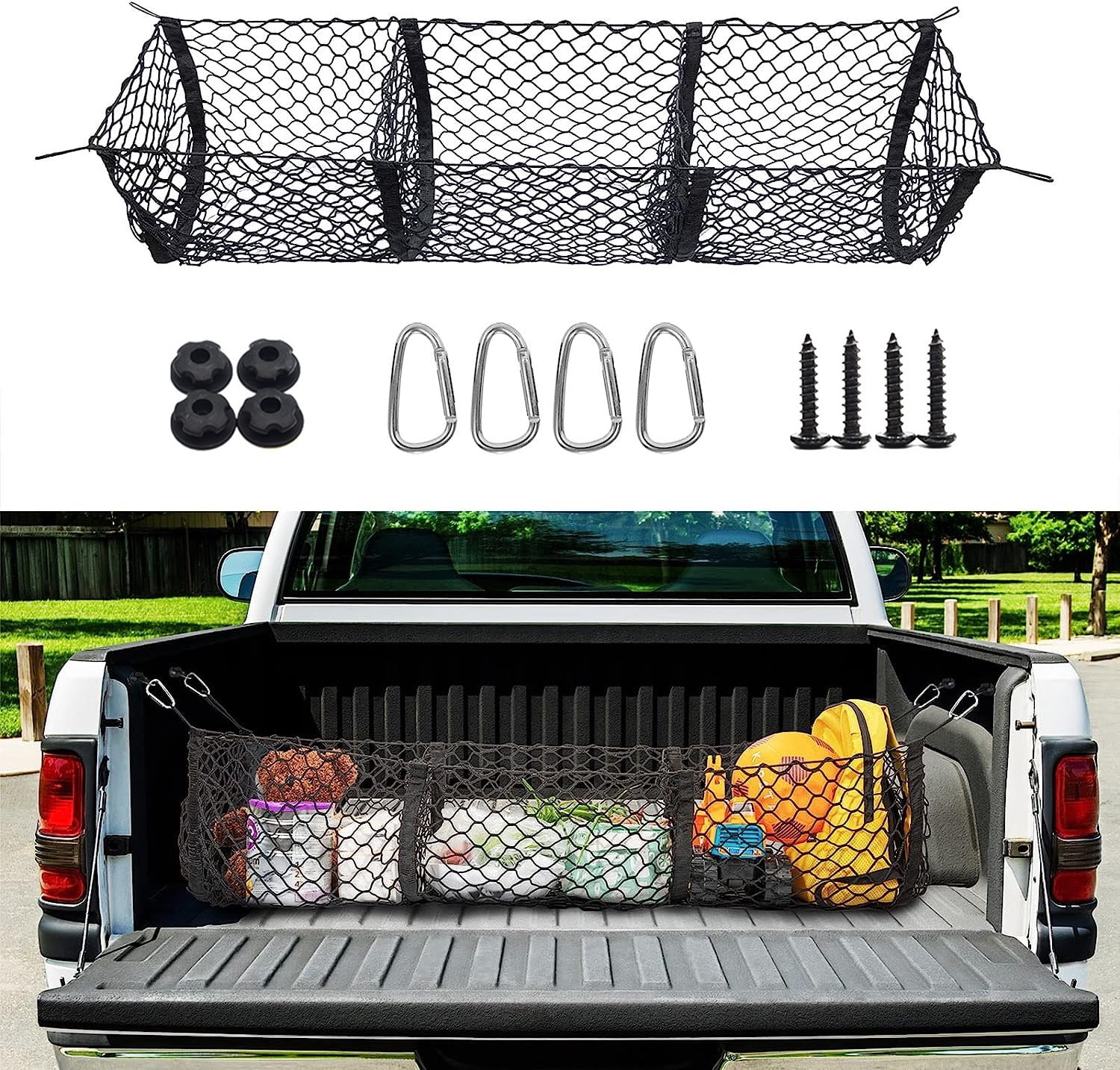 Cargo Net Trunk Bed Organizer,Mesh Storage Net with 4 Metal Hooks, 35.4  x11.8 inch Heavy Duty Cargo Net for SUV,Car,Toyota,Pickup Truck Bed,Truck  Accessories Bed Grocery Holder 