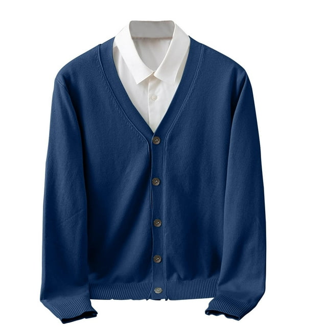 aohooy Mens V-Neck Sweater Elegant Business Long Sleeve Button Down Cardigans for Men Basic Knitted Sweater with Fake Pockets Navy,XXL