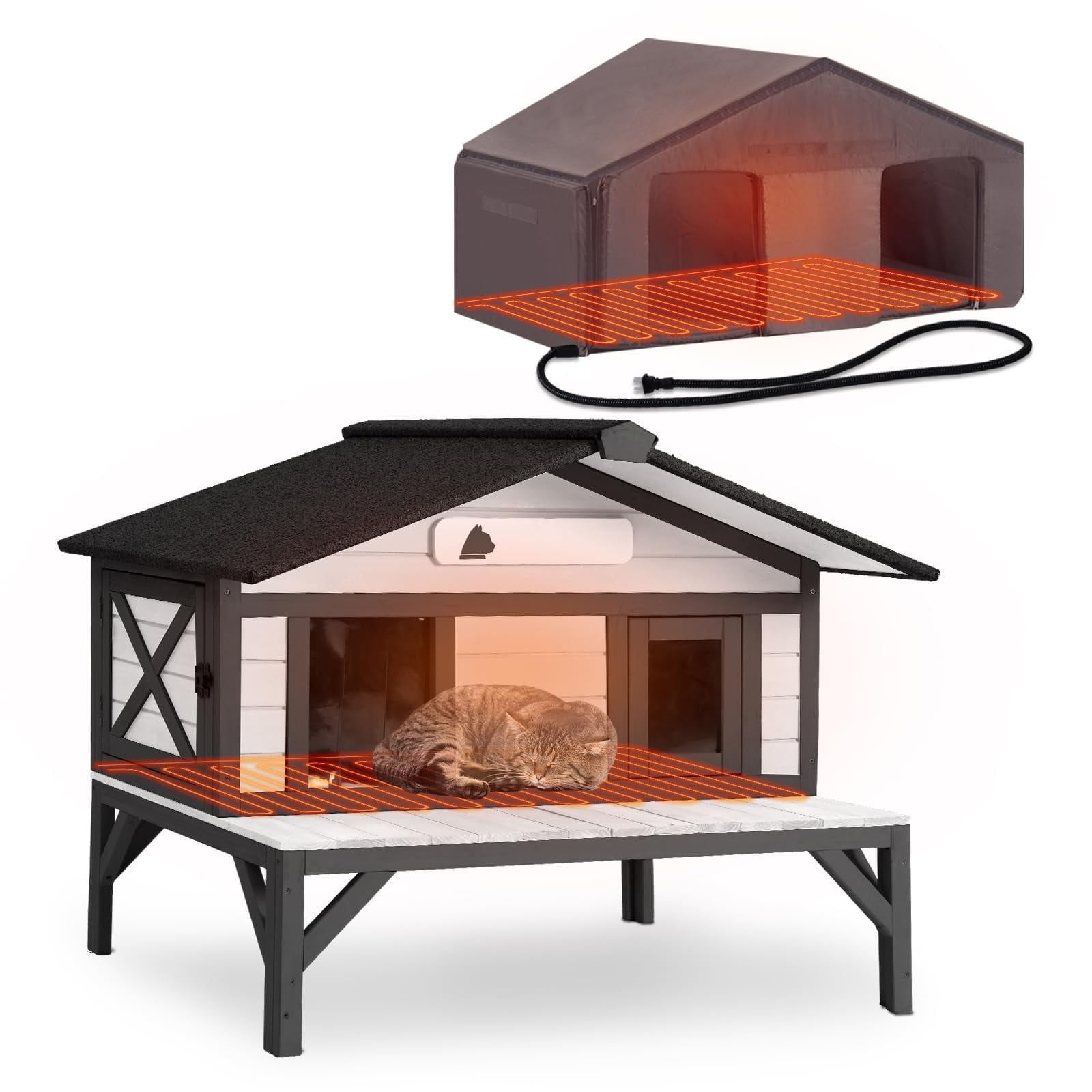 Aivituvin Heated Cat House for Outside, Large Outdoor Cat House Insulated Weatherproof Feral Cat Shelter with Heating Pad, Insulated Thermal Liner, Chewproof Cable for 1-4 Cats, Black & White