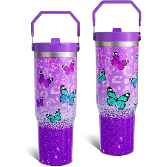 30oz Butterfly Tumbler with Handle & Straw - Stainless Steel Insulated Glitter Cup - Birthday Gifts for Women, Girls, Butterfly Lovers (1 PC)