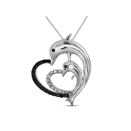 10kt White Gold Womens Round Black Color Enhanced Diamond Dolphin Heart Pendant 1/8 Cttw