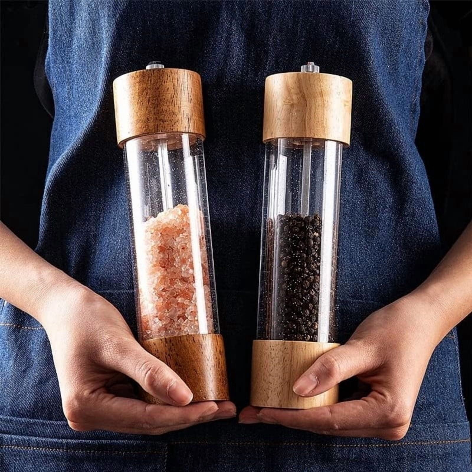 Salt and Pepper Grinder Set, 2 Pack 8 Inches Manual Acrylic Mills, Refillable Salt Shaker and Pepper Mill for Kitchen, Wooden Design