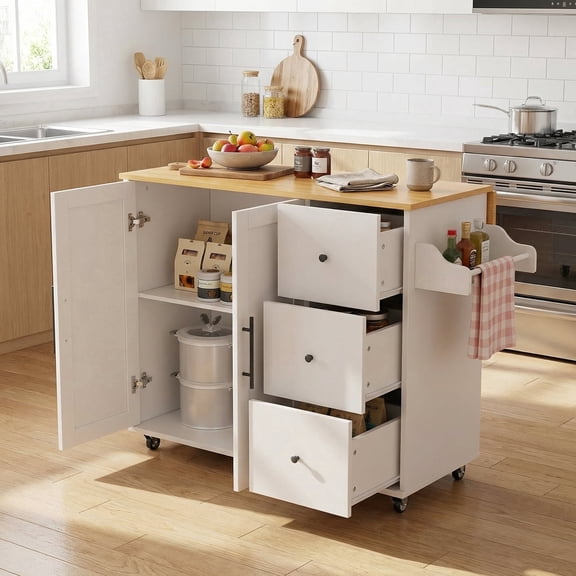 Rolling Kitchen Island Cart with Drop Leaf – Expandable White Cart with Drawers, Spice Rack & Towel Holder